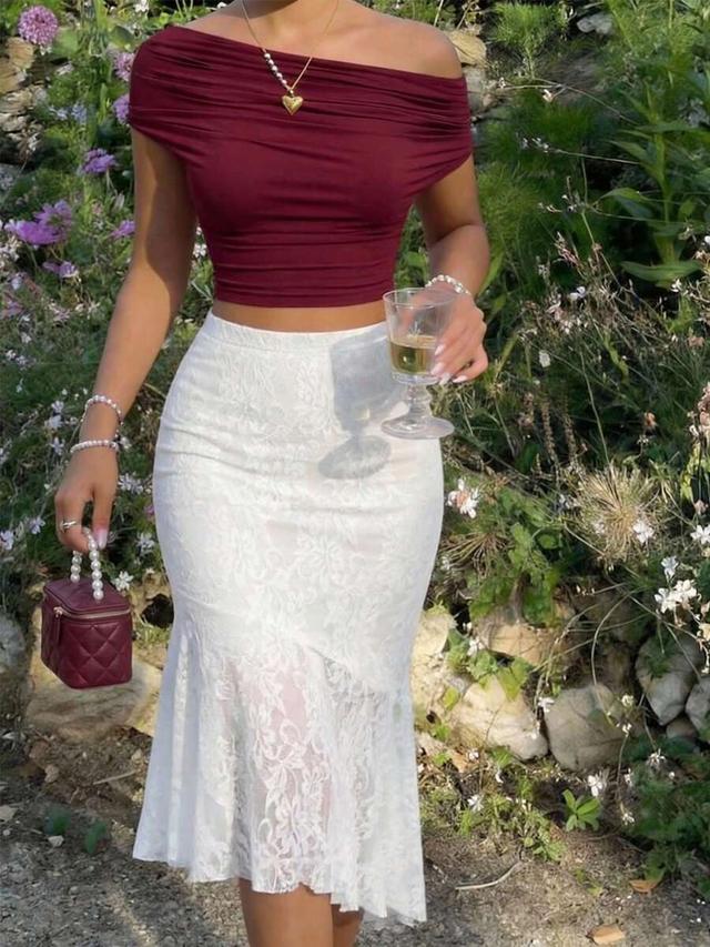 burgundy lace patchwork ruffle hem midi skirt