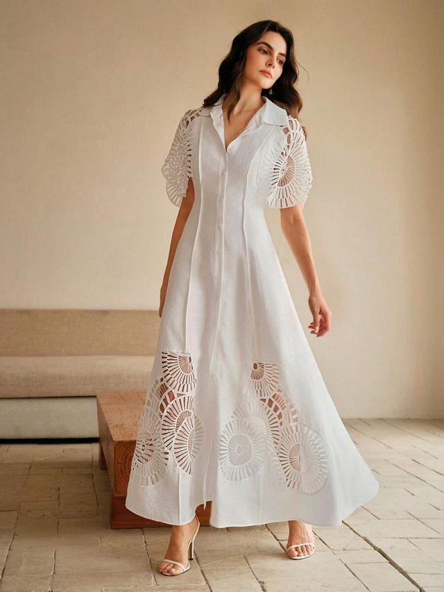 white cotton puff sleeve single breasted cutwork dress