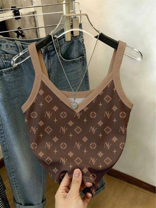 franclia brown digital print spaghetti strap tank top