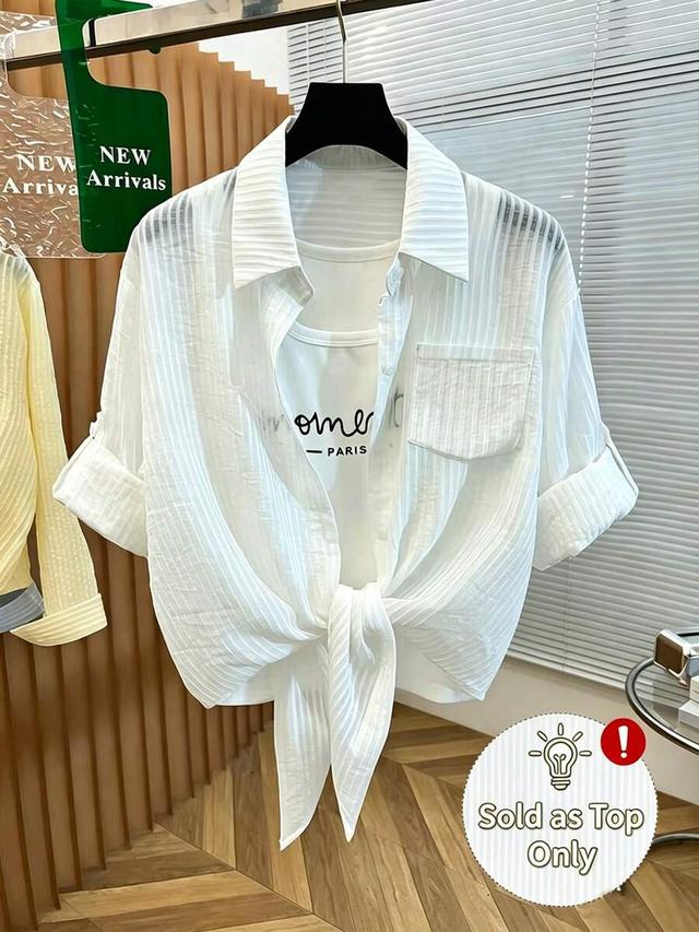 yellow textured semi-sheer long-sleeved knotted hem shirt