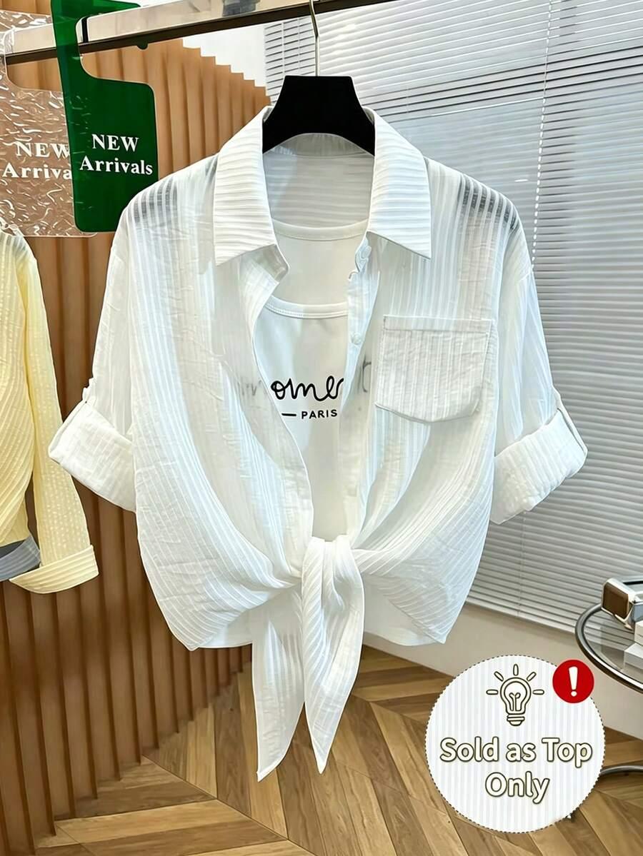 yellow textured semi-sheer long-sleeved knotted hem shirt