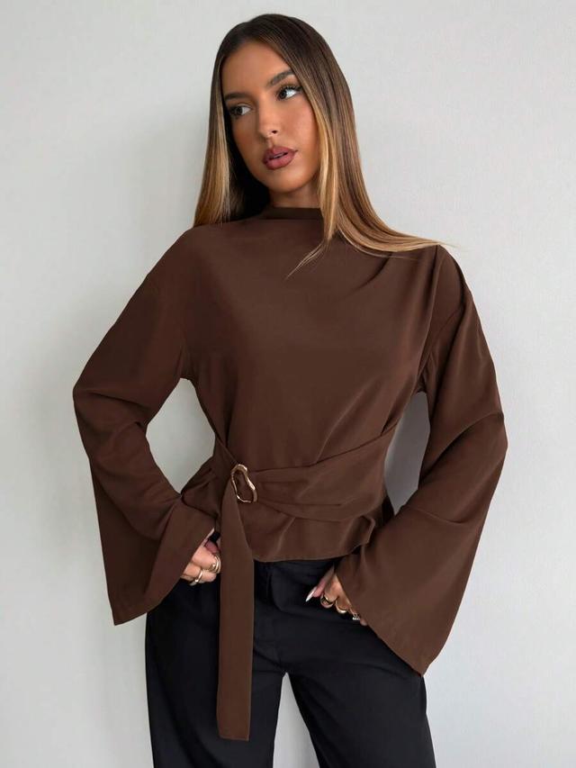 elegant coffee brown bell sleeve shirt with metal buckle