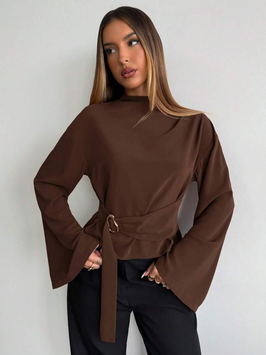 elegant coffee brown bell sleeve shirt with metal buckle
