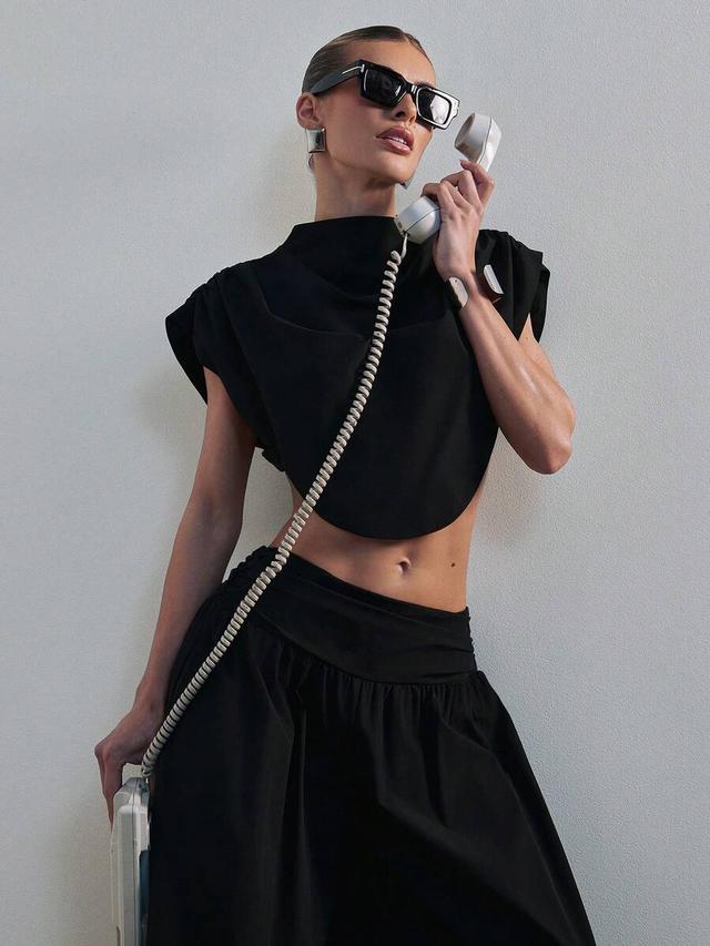 hauture draped shoulder high neck crop top