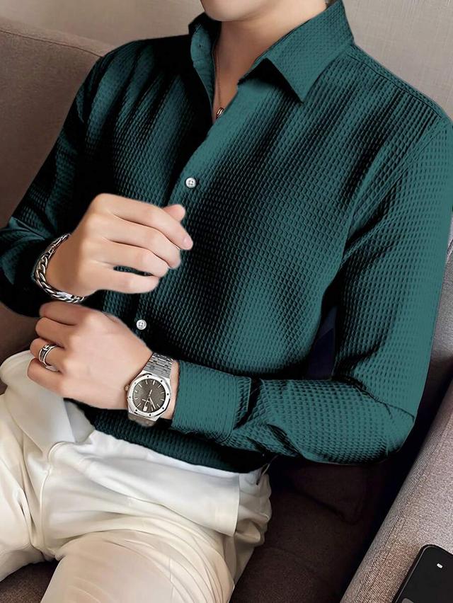 dark green waffle knit long sleeve formal shirt