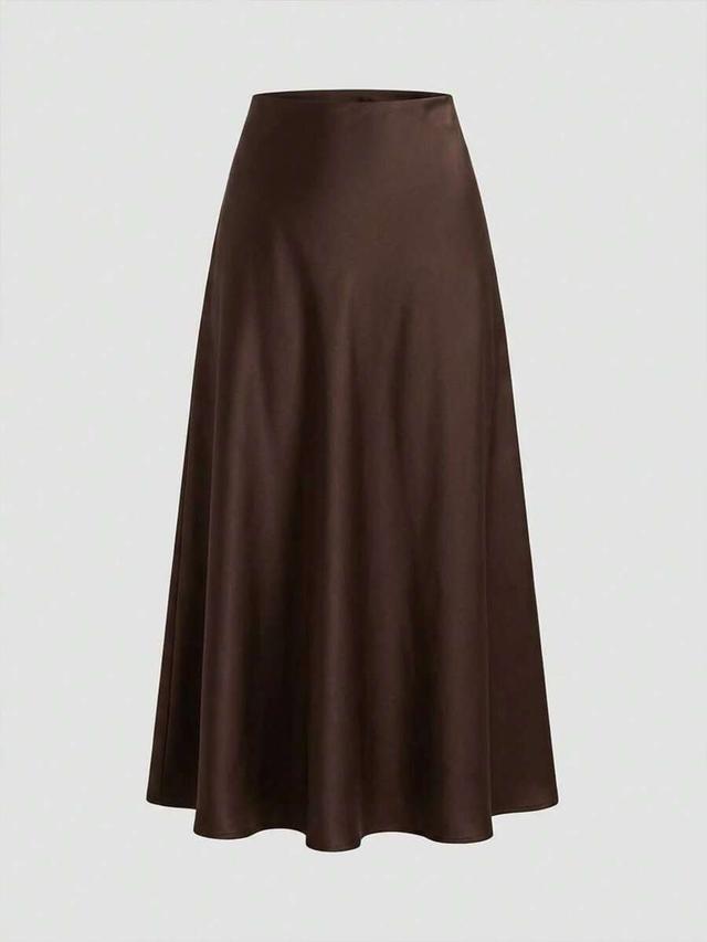 dark brown satin a-line midi skirt