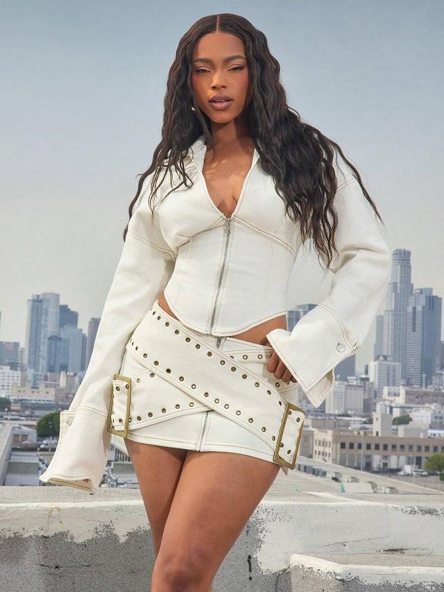 belted denim mini skirt with grommet detail