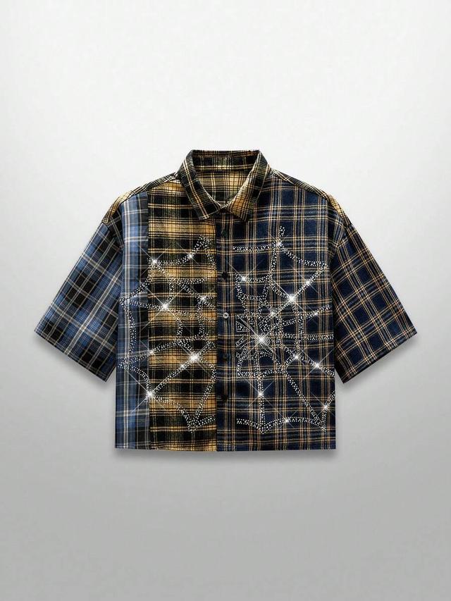 plaid patchwork spider web rhinestone embellished short sleeve shirt