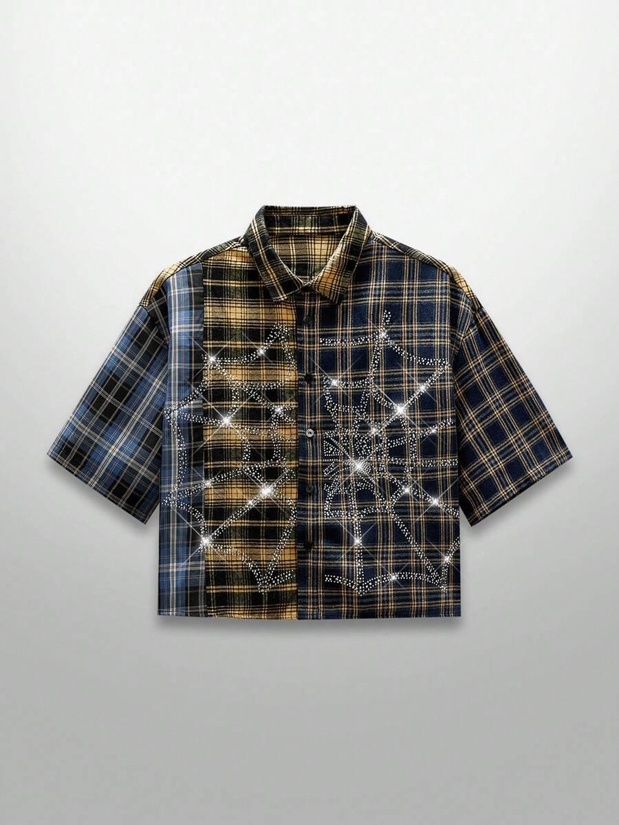 plaid patchwork spider web rhinestone embellished short sleeve shirt