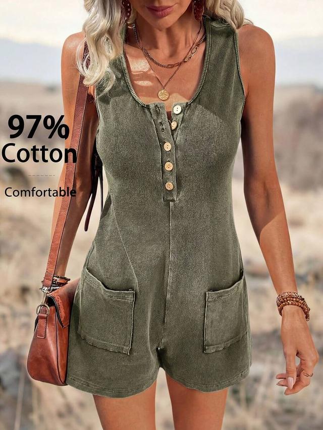olive washed fabric button-front casual romper