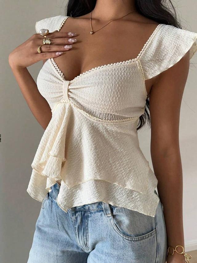textured knit sweetheart neck ruffled cap sleeve top