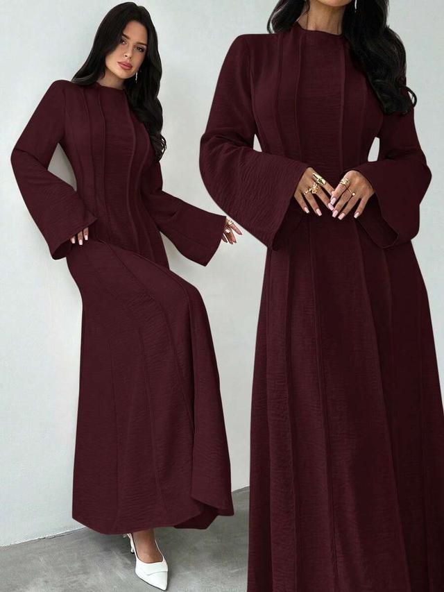 burgundy mock neck flare sleeve pleated a-line dress