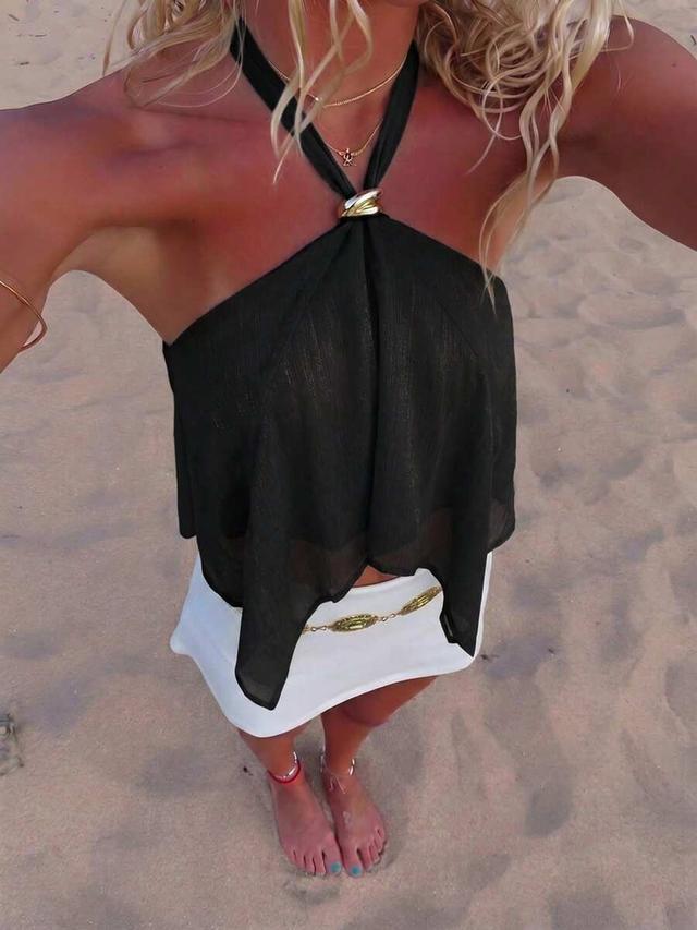 elegant black tropical halter neck top with metal buckle