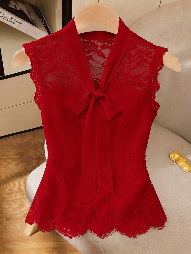 red lace chiffon bow tie sleeveless camisole top