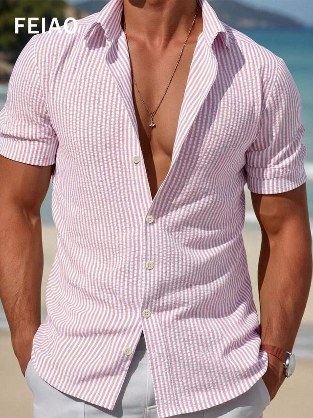 men's pink and white striped seersucker short sleeve shirt