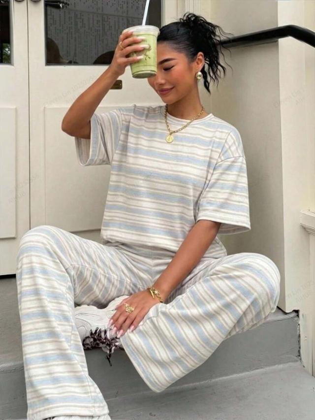 women's blue and white stripe relaxed lounge set
