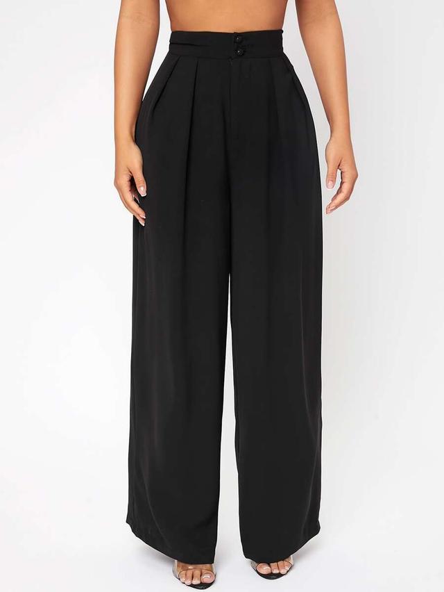 high waist plicated wide leg black dress pants