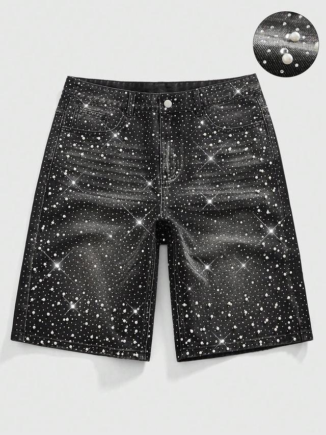 black denim shorts with pearl and diamond embellishments