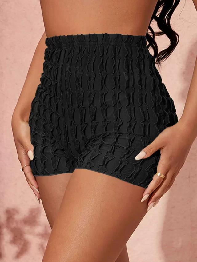 high waist black textured frill trim shorts