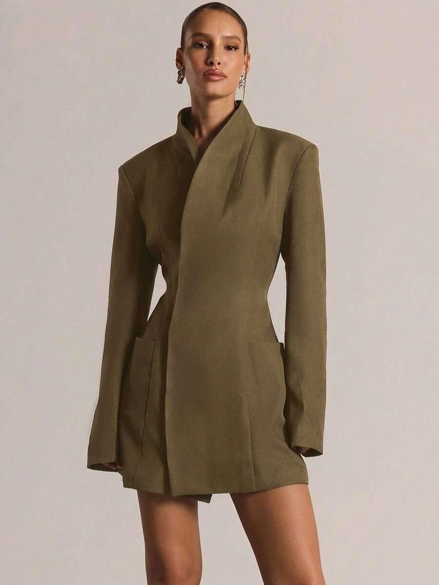 olive tailored cinched waist long sleeve blazer dress