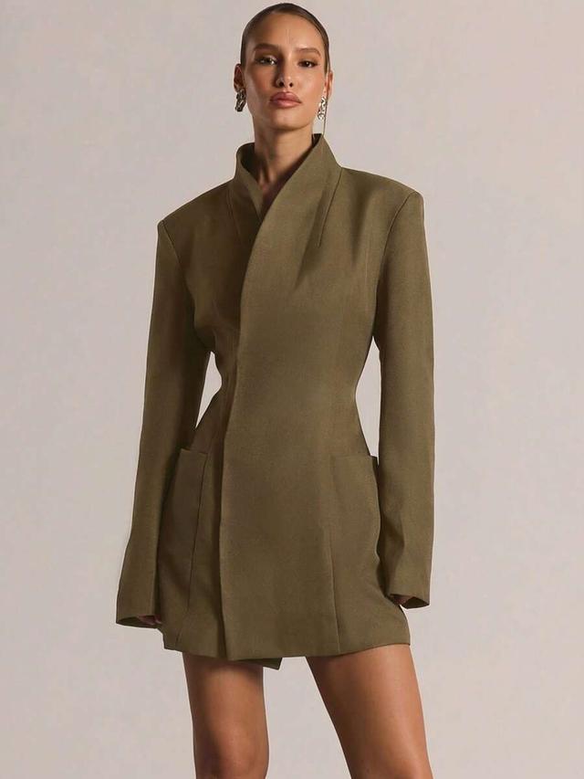 olive tailored cinched waist long sleeve blazer dress