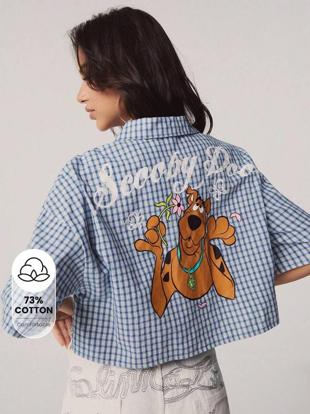 scooby-doo blue plaid cropped button-up shirt