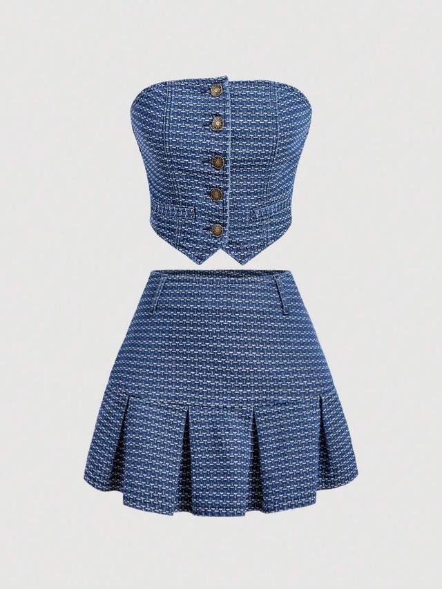 blue textured denim corset top and pleated mini skirt