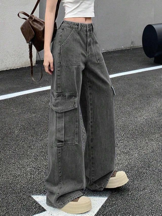 women's low waist gray cargo straight leg jeans