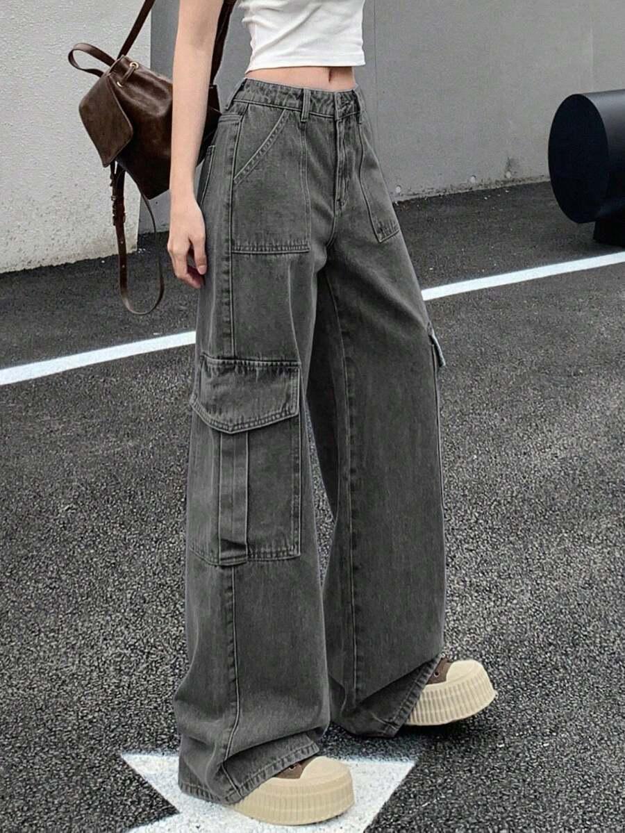 women's low waist gray cargo straight leg jeans
