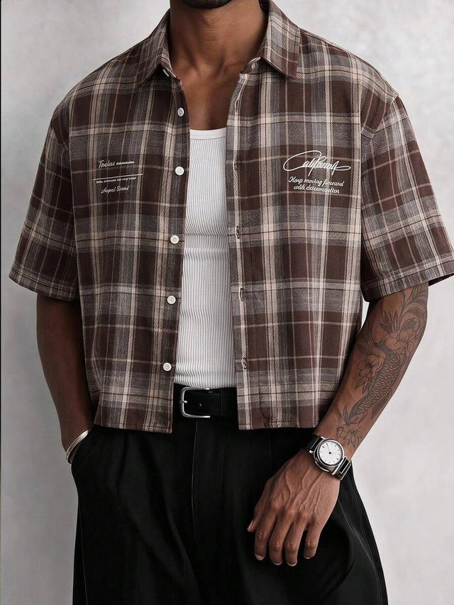 brown plaid short sleeve loose fit button up shirt