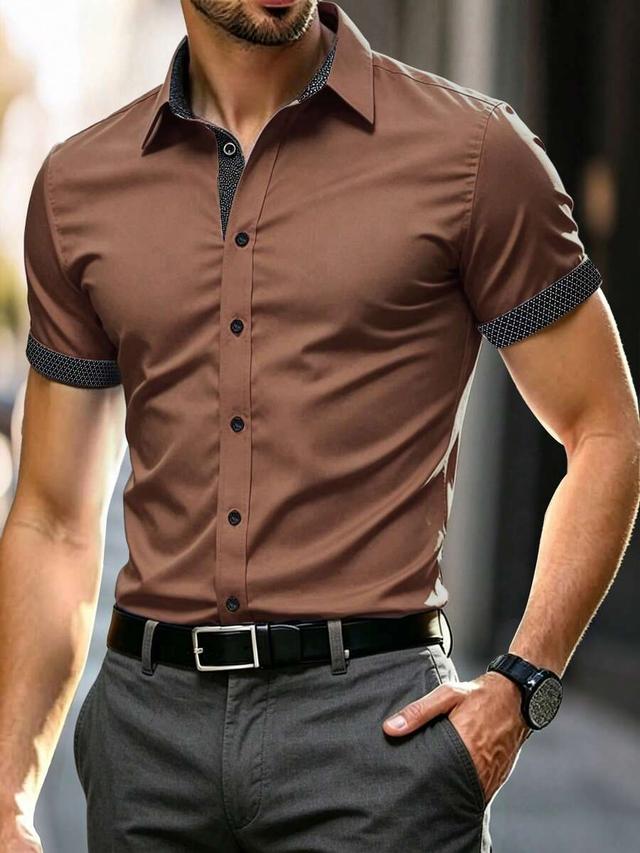 brown short sleeve patchwork casual shirt