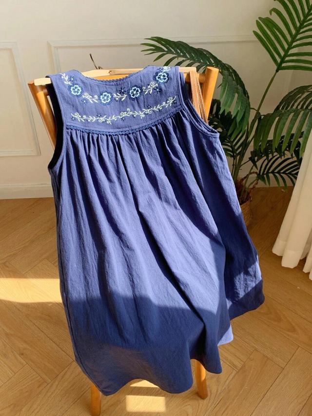 royal blue cotton bohemian embroidered sleeveless smock dress