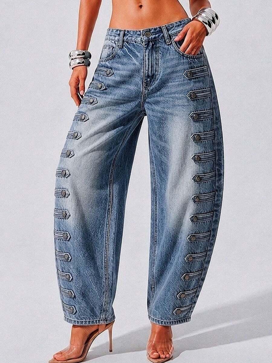 high waisted wide leg denim jeans with side buckle straps
