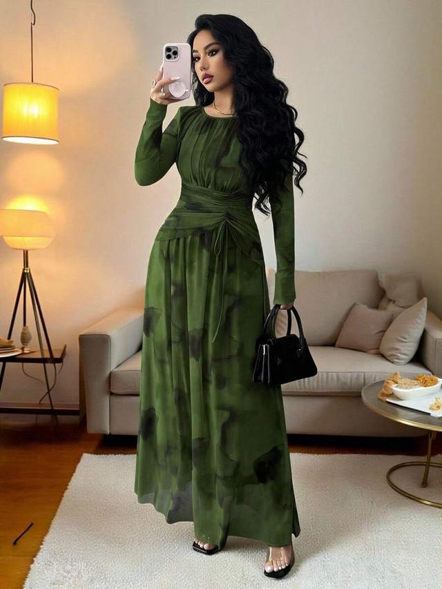 elegant tie dye print mesh ruched flared long sleeve dress