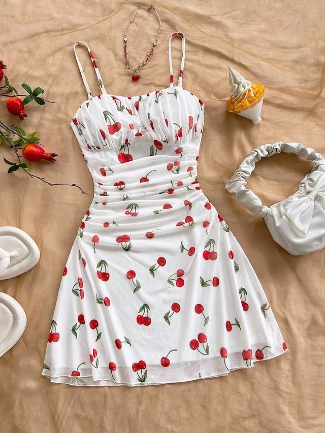 white cherry print mesh ruched slip dress