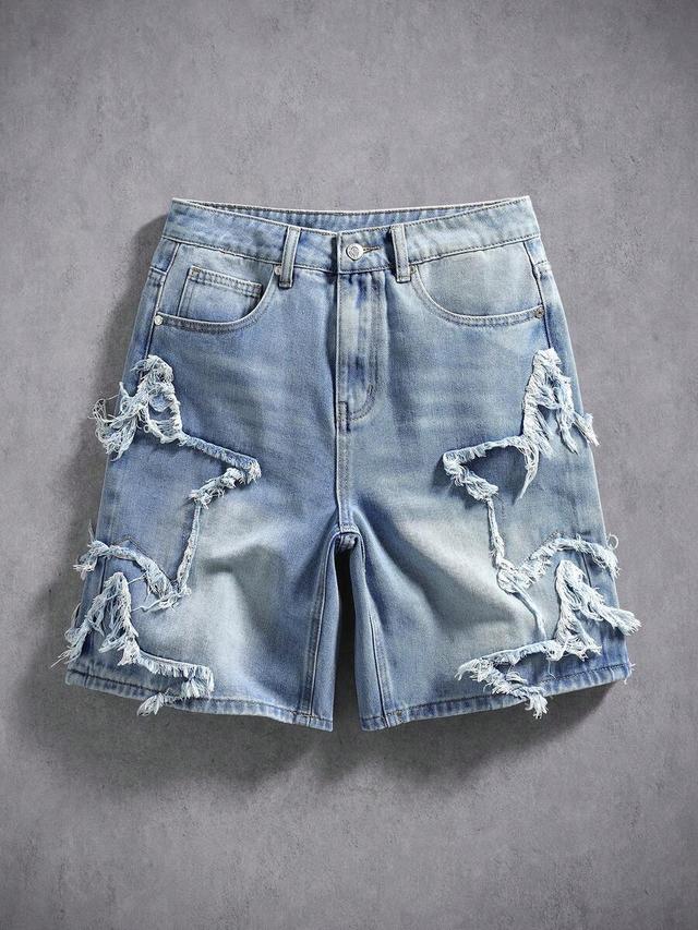 distressed denim star patch loose shorts