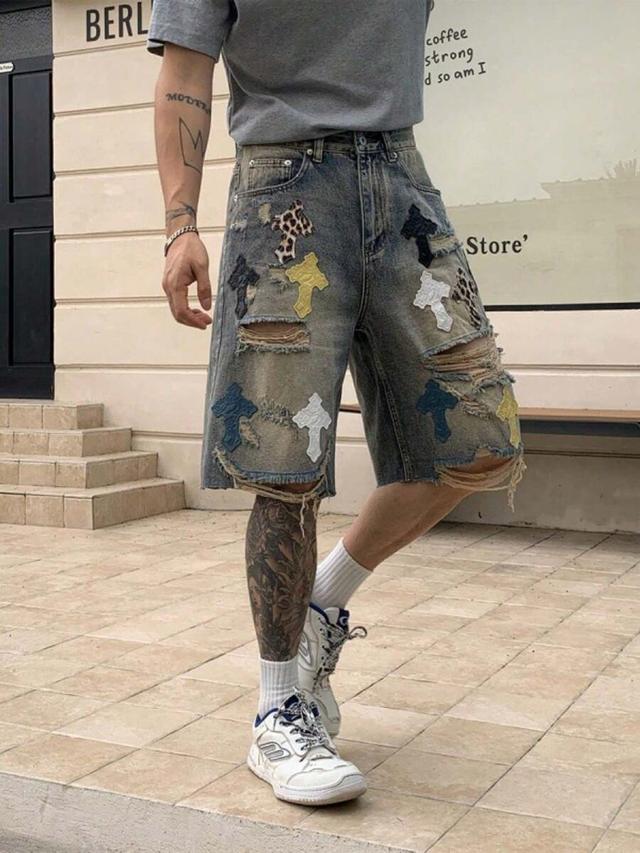 black men's vintage washed denim shorts with cross patches