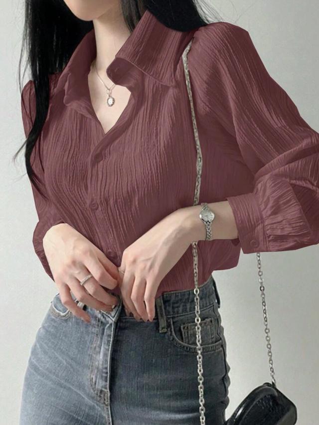 dazy women's ruffle solid color turndown collar loose blouse