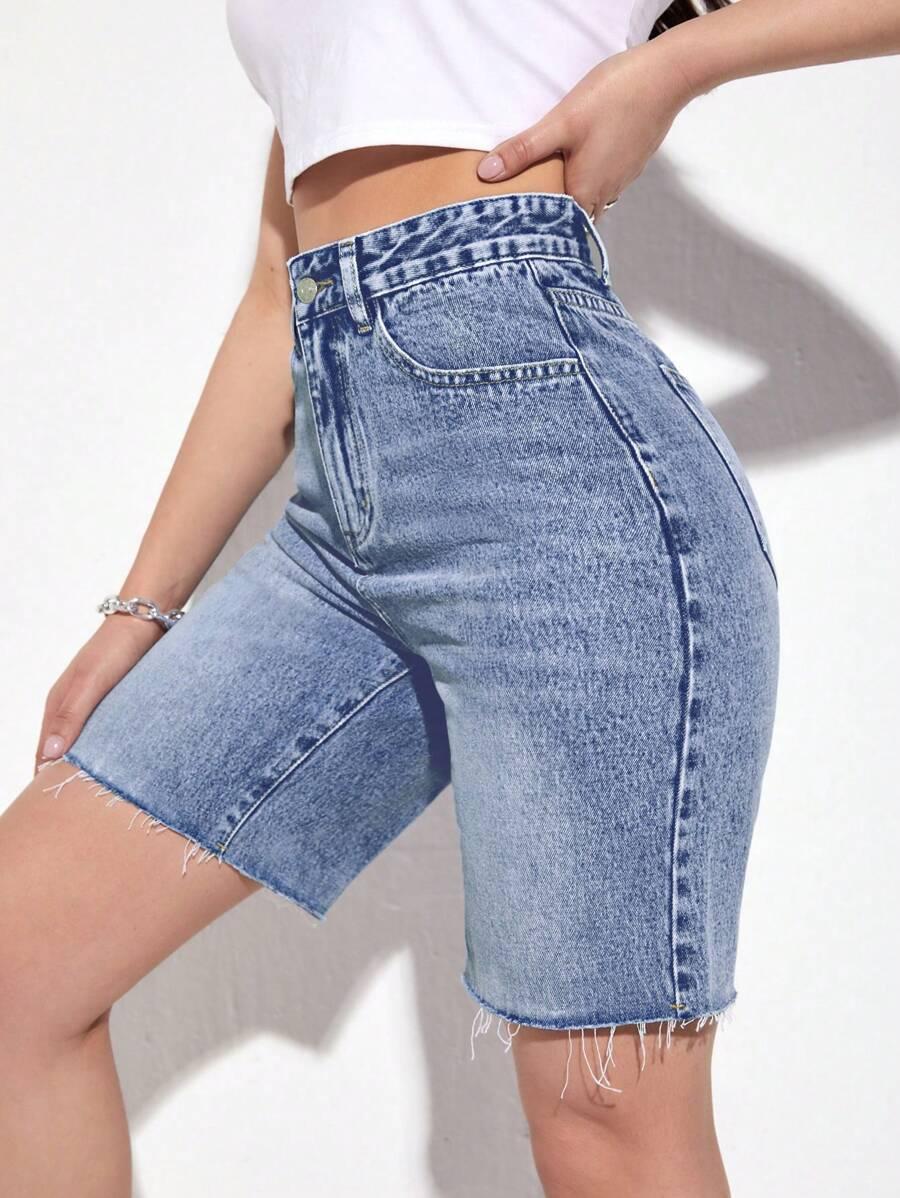 high-waisted light wash denim bermuda shorts