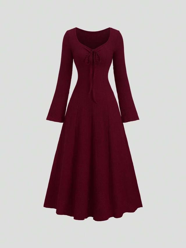 sweetra women's solid color front tie flare sleeve dress