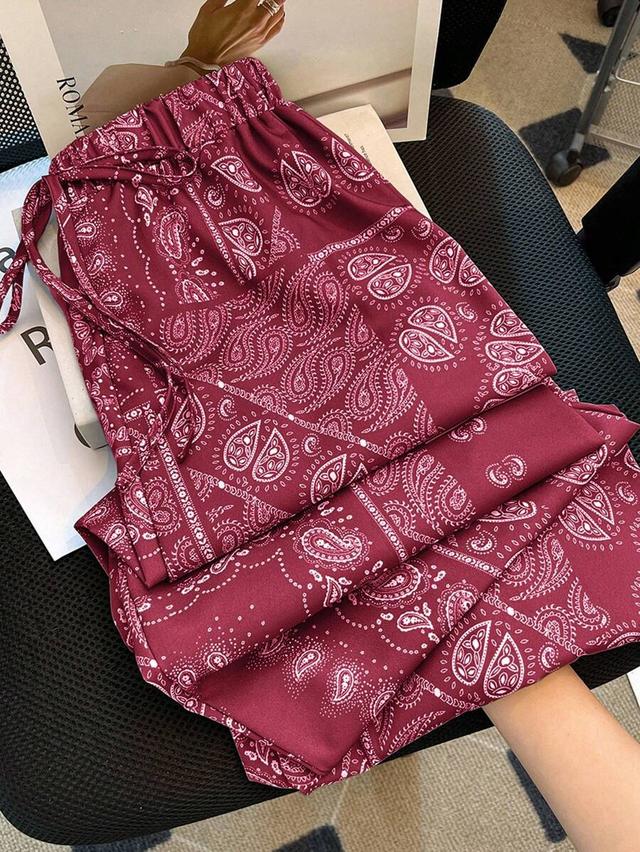 burgundy paisley print casual wide leg trousers