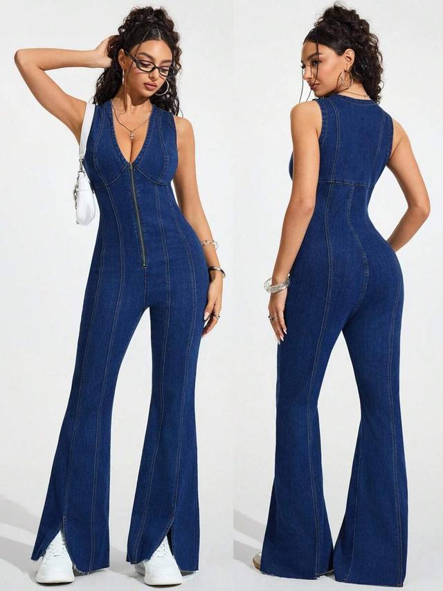 deep v-neck zipper front sleeveless denim jumpsuit