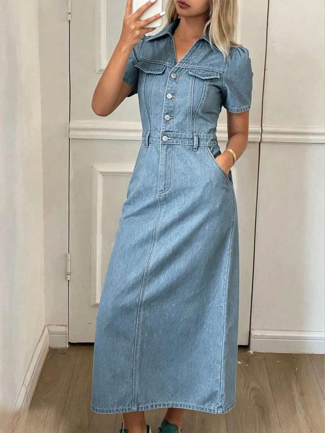 puff sleeve denim midi dress