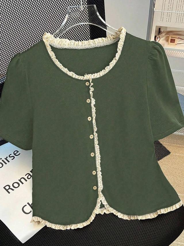 olive green patchwork frill trim puff sleeve blouse