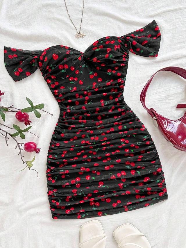 cherry print off shoulder ruched mesh bodycon dress