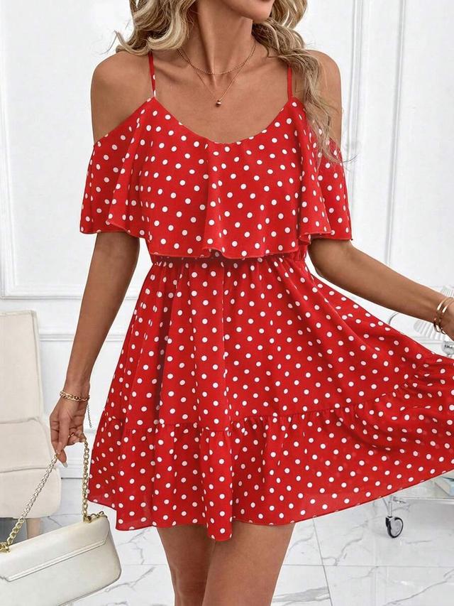 red polka dot off-shoulder ruffle a-line dress