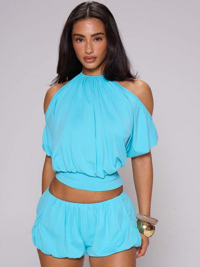 blue off the shoulder cinched waist balloon top