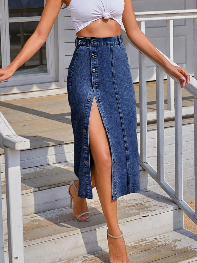 button-front midi denim skirt