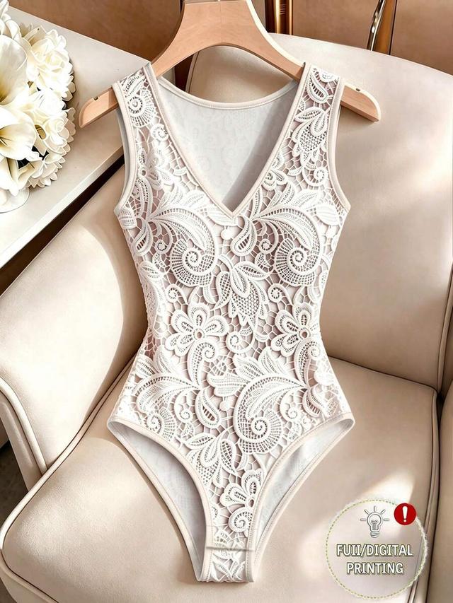 romantic lace print v-neck fitted bodysuit