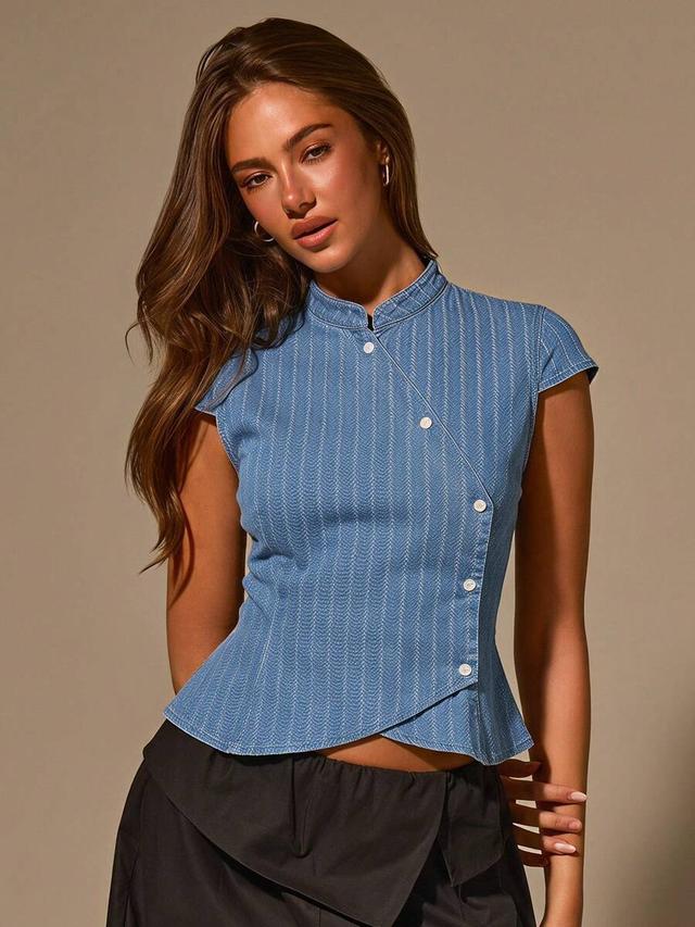 washed blue denim striped chinese style short sleeve top